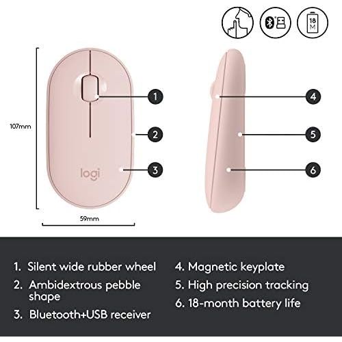 로지텍 Logitech Pebble M350 Wireless Mouse with Bluetooth or USB - Silent, Slim Computer Mouse with Quiet Click for iPad, Laptop, Notebook, PC and Mac - Pink Rose