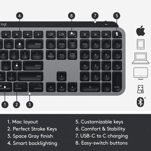 로지텍 Logitech MX Keys Advanced Illuminated Wireless Keyboard for Mac - Bluetooth/USB