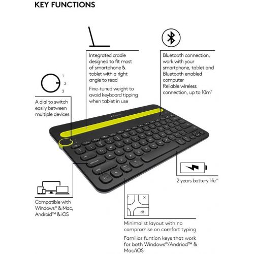 로지텍 Logitech Wireless Bluetooth Keyboard for Multi-Devices K480 - Works with Windows, Mac, iPad Tablet, Android and Smartphones - Bulk Packaging - Black