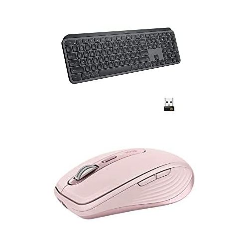 로지텍 Logitech MX Keys Advanced Wireless Illuminated Keyboard - Graphite with Anywhere 3 Compact Performance Mouse, Wireless, Comfort, Fast Scrolling - Rose