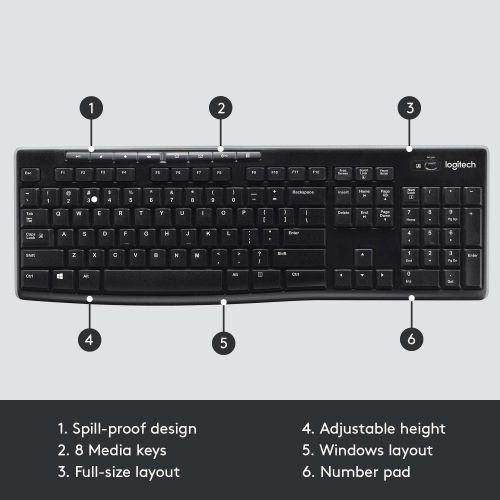 로지텍 Logitech K270 Wireless Keyboard for Windows, 2.4 GHz Wireless, Full-Size, Number Pad, 8 Multimedia Keys, 2-Year Battery Life, Compatible with PC, Laptop