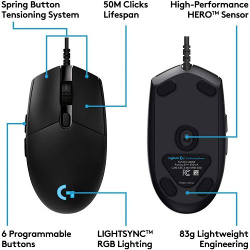 로지텍 Logitech G PRO Wired Gaming Mouse, Hero 16K Sensor, 16000 DPI, RGB, Ultra Lightweight, 6 Programmable Buttons, On-Board Memory, Built for Esport, Compatible with PC/Mac - Black