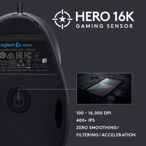 로지텍 Logitech G MX518 Gaming Mouse Hero Sensor 16, 000 Dpi Arm Processor 8 Programmable Buttons (European Packaging) - Black