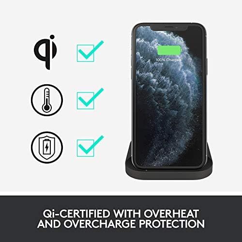 로지텍 Logitech Powered 10W Wireless Charging Stand for iPhone 11 Pro Max/11 Pro/11/XS Max/XS/XR/X, Samsung Galaxy S10/S10e/S10+, LG ThinQ V40/G8, Google Pixel 4/4XL, Airpods, and More -