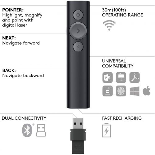 로지텍 Logitech Spotlight Presentation Remote - Advanced Digital Highlighting with Bluetooth, Universal Presenter Clicker, 30M Range and Quick Charging ? Black