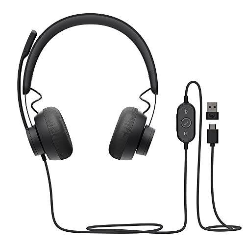 로지텍 Logitech Zone Wired Noise Cancelling Headset, Certified for Microsoft Teams with Advanced Noise-canceling mic Technology for Open Office environments, USB-C with USB-A Adapter, Gra