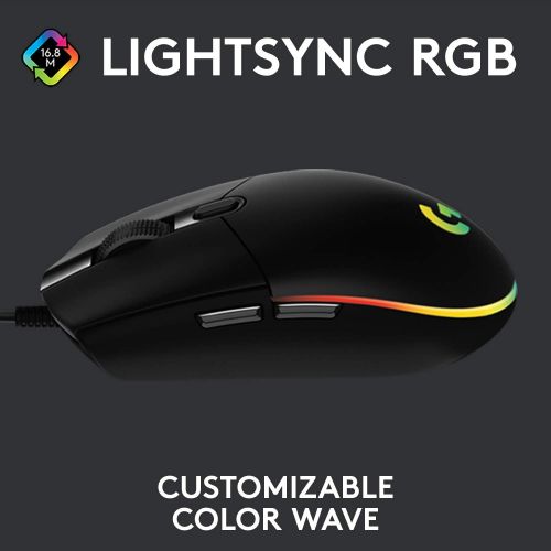 로지텍 Logitech G102 Light Sync Gaming Mouse with Customizable RGB Lighting, 6 Programmable Buttons, Gaming Grade Sensor, 8 k dpi Tracking,16.8mn Color, Light Weight (Black)