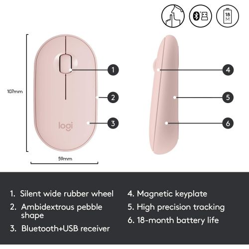 로지텍 Logitech Pebble M350 Wireless Mouse with Bluetooth or USB - Silent, Slim Computer Mouse with Quiet Click for iPad, Laptop, Notebook, PC and Mac - Pink Rose