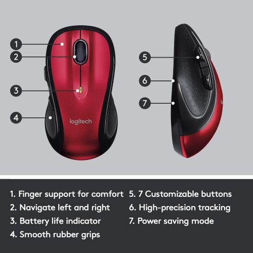 로지텍 [아마존베스트]Logitech M510 Wireless Computer Mouse  Comfortable Shape with USB Unifying Receiver, with Back/Forward Buttons and Side-to-Side Scrolling, Red