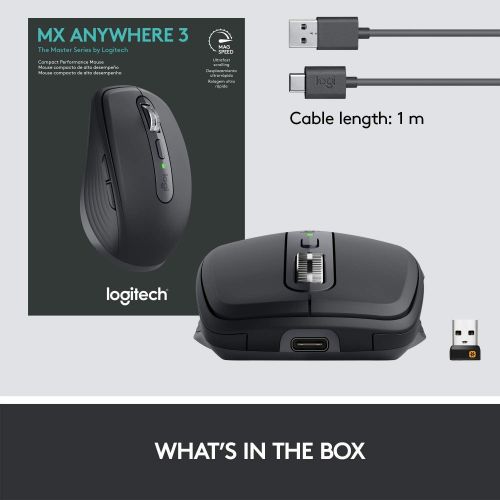 로지텍 [아마존베스트]Logitech MX Anywhere 3 Compact Performance Mouse, Wireless, Comfort, Fast Scrolling, Any Surface, Portable, 4000DPI, Customizable Buttons, USB-C, Bluetooth - Graphite