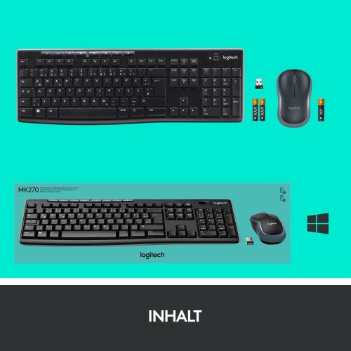 로지텍 [아마존베스트]Logitech MK270 wireless keyboard and mouse set, 2.4 GHz wireless connection via nano USB receiver, long battery life, for Windows and ChromeOS PCs / laptops, German QWERTZ layout -