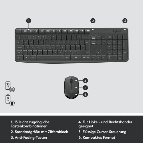 로지텍 [아마존베스트]Logitech MK235 wireless keyboard and mouse set, 2.4 GHz connection via Unifying Nano USB receiver, 10m range, 15 FN buttons, 3-year battery life, PC / laptop, German QWERTZ layout