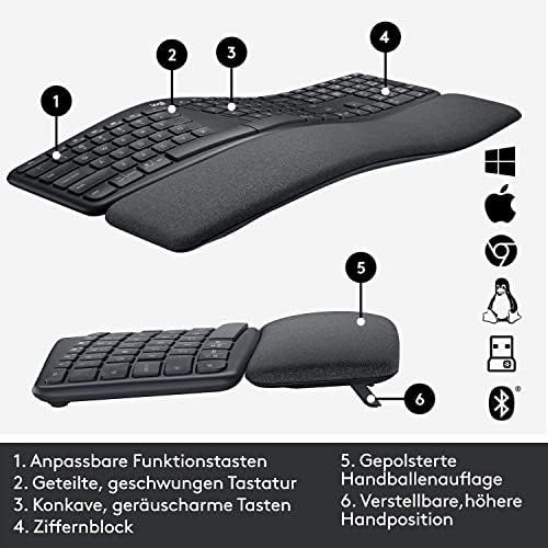로지텍 [아마존베스트]Logitech ERGO K860 Wireless Ergonomic Keyboard with Split Key Arrangement, Wrist Rest and Support for Natural Typing - Windows/Mac, Bluetooth, USB Receiver, QWERTZ Layout Graphite