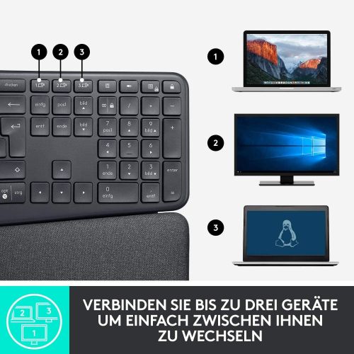 로지텍 [아마존베스트]Logitech ERGO K860 Wireless Ergonomic Keyboard with Split Key Arrangement, Wrist Rest and Support for Natural Typing - Windows/Mac, Bluetooth, USB Receiver, QWERTZ Layout Graphite
