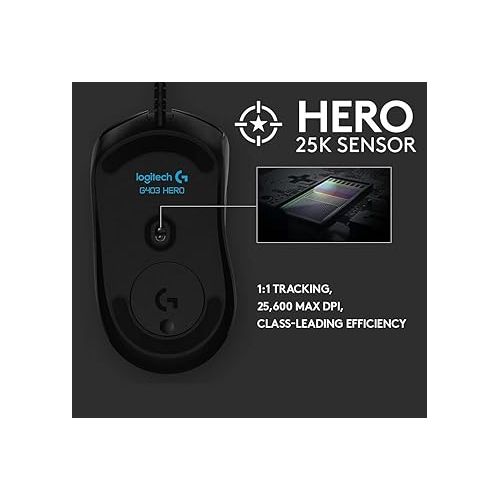  Logitech G403 Hero 25K Gaming Mouse, Lightsync RGB, Lightweight 87G+10G optional, Braided Cable, 25, 600 DPI, Rubber Side Grips, Black