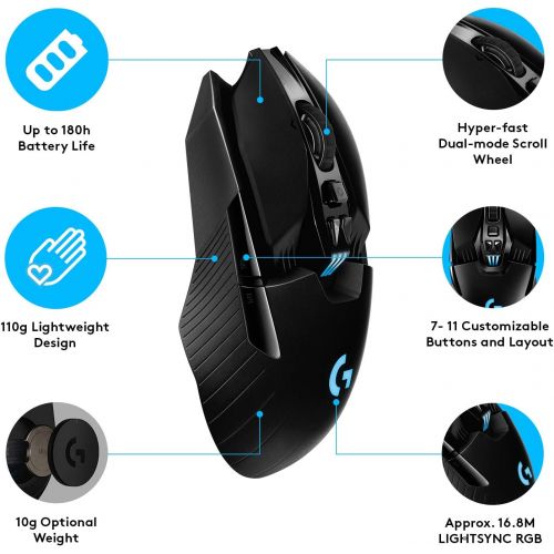  Logitech G903 LIGHTSPEED Wireless Gaming Mouse W/ Hero 16K Sensor, 140+ Hour with Rechargeable Battery and Lightsync RGB. PowerPlay Compatible, Ambidextrous, 107G+10G optional, 16,