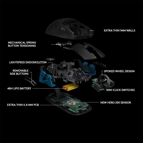 로지텍 Logitech G PRO Wireless Gaming Mouse, Hero 16K Sensor, 16,000 DPI, RGB, Ultra Lightweight, 4 to 8 Programmable Buttons, Long Battery Life, On-Board Memory, Built for Esport, PC / M