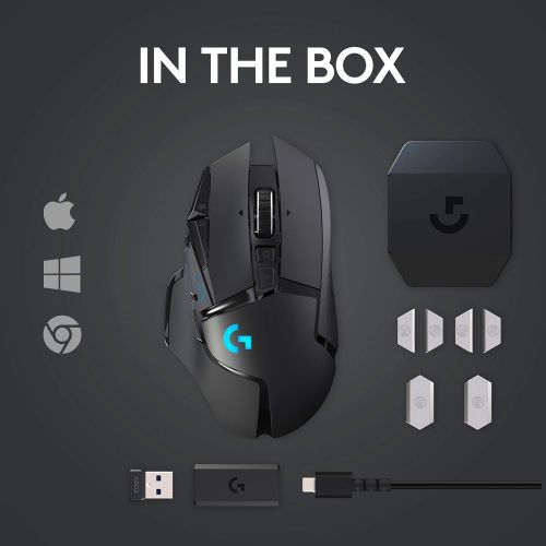 로지텍 Logitech G502 Lightspeed Wireless Gaming Mouse, Hero 25K Sensor, 25,600 DPI, RGB, Adjustable Weights, 11 Programmable Buttons, Long Battery Life, POWERPLAY-Compatible, PC/Mac - Bla