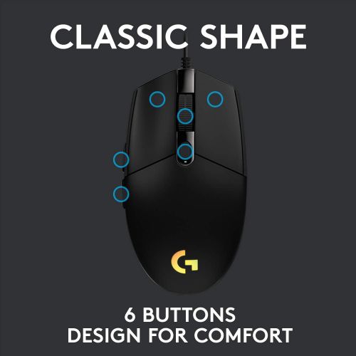  Logitech G203 Wired Gaming Mouse, 8,000 DPI, Rainbow Optical Effect LIGHTSYNC RGB, 6 Programmable Buttons, On-Board Memory, Screen Mapping, PC/Mac Computer and Laptop Compatible -