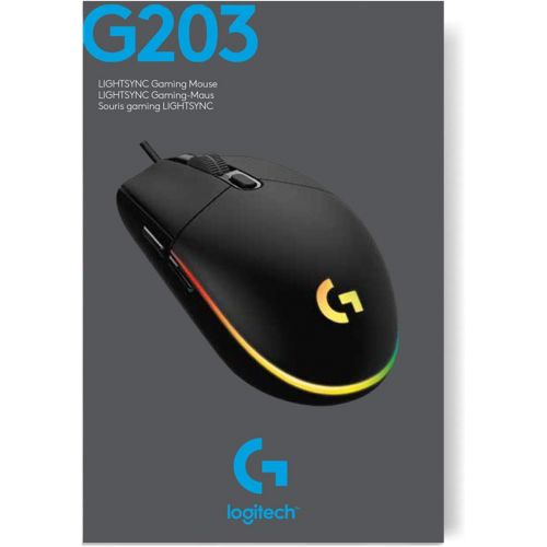  Logitech G203 Wired Gaming Mouse, 8,000 DPI, Rainbow Optical Effect LIGHTSYNC RGB, 6 Programmable Buttons, On-Board Memory, Screen Mapping, PC/Mac Computer and Laptop Compatible -