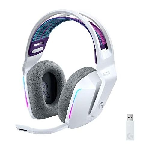  Logitech G733 Lightspeed Wireless Gaming Headset with Suspension Headband, LIGHTSYNC RGB, Blue VO!CE mic Technology and PRO-G Audio Drivers - White