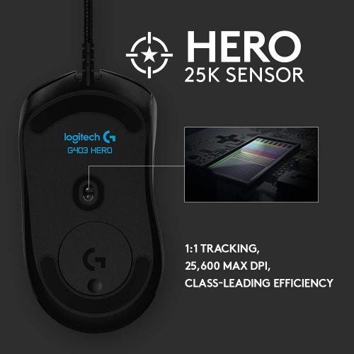  [아마존베스트]Logitech G403 Hero 25K Gaming Mouse, Lightsync RGB, Lightweight 87G+10G Optional, Braided Cable, 25, 600 DPI, Rubber Side Grips