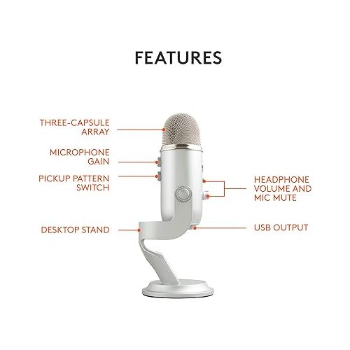  Logitech for Creators Blue Yeti USB Microphone for Gaming, Streaming, Podcasting, Twitch, YouTube, Discord, Recording for PC and Mac, 4 Polar Patterns, Studio Quality Sound, Plug & Play-Silver