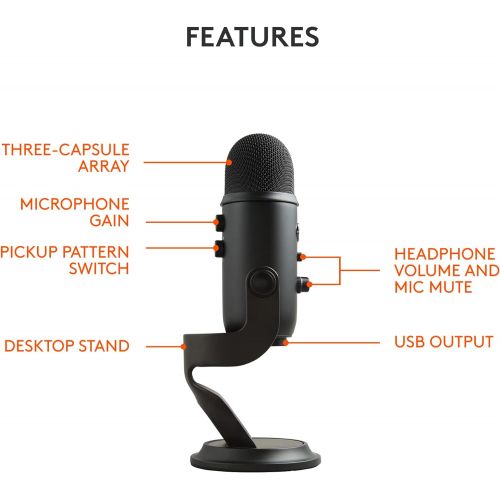  [아마존베스트]Blue Yeti USB Mic for Recording & Streaming on PC and Mac, 3 Condenser Capsules, 4 Pickup Patterns, Headphone Output and Volume Control, Mic Gain Control, Adjustable Stand, Plug &