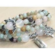 LolaKatrineBijoux Namaste Necklace 108, Mothers Day Gift, Tibetan Amazonite 108, Mala Beads Japa Mala, Namaste Silver Bar, Quartz Angel, Mala 108 Gemstone Zen