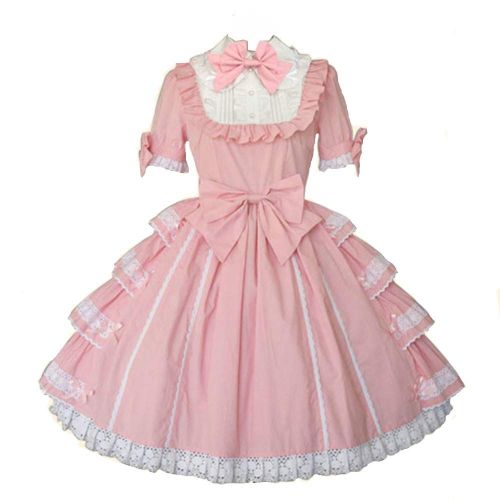  Loli Miss Women Girls Sweet Pink Princess Short Sleeves Multi Layers Lolita Dress with Bows