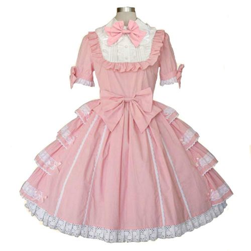  Loli Miss Women Girls Sweet Pink Princess Short Sleeves Multi Layers Lolita Dress with Bows