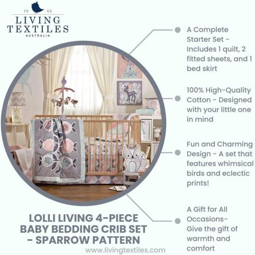  Lolli Living 4-Piece Baby Bedding Crib Set with Sparrow Pattern. Complete Set with Quilt, 2 Fitted Sheets, and Bed Skirt.