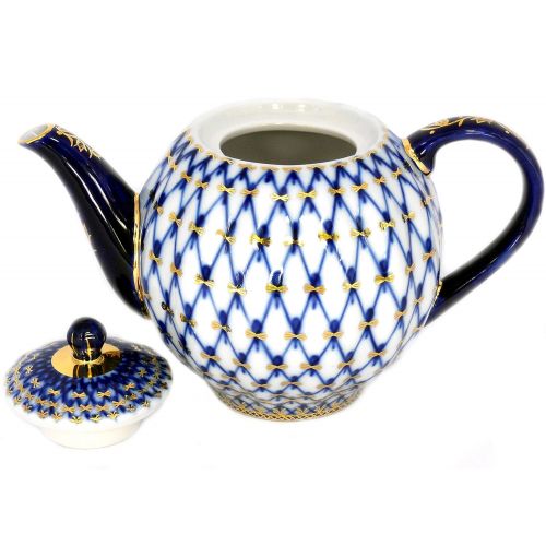  Lomonosov Russia Lomonosov Porcelain 10 Cups Large Tea Pot 68 oz/2000 ml Cobalt Net