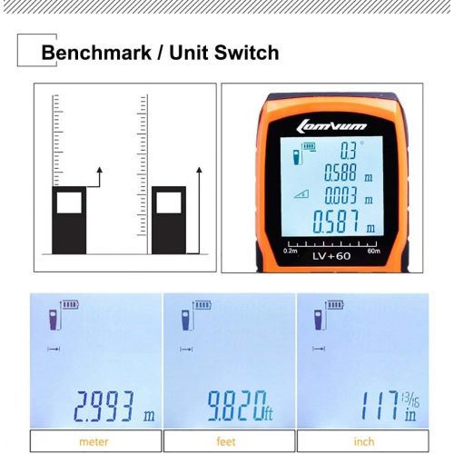  [아마존 핫딜] [아마존핫딜]Lomvum Laser Measure Mute Laser Distance Meter with 2 Bubble Levels, LCD Backlit Display and Measure Distance, Area and Volume, Pythagorean Mode Battery Included