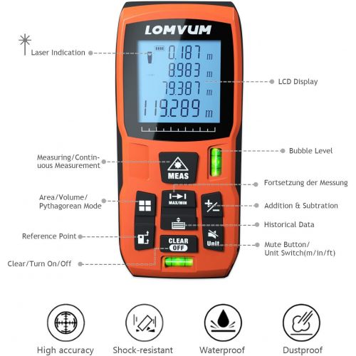  [아마존 핫딜] [아마존핫딜]Lomvum Laser Measure Mute Laser Distance Meter with 2 Bubble Levels, LCD Backlit Display and Measure Distance, Area and Volume, Pythagorean Mode Battery Included