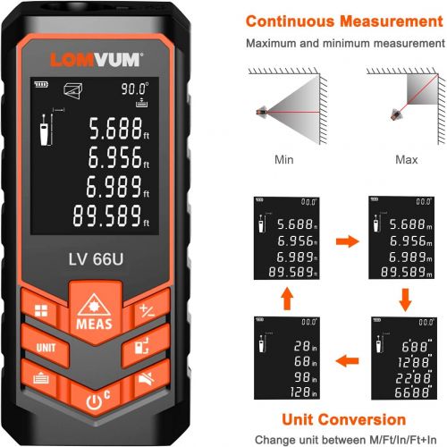  [아마존베스트]Laser Measure 165Ft - LOMVUM Laser Tape Measure Laser Measurement Tool with M/In/Ft Unit Switching, Backlit LCD, Pythagorean Mode, Measure Distance, Area and Volume - Carry Pouch a