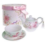London Boutique Porzellan-Set fuer eine Person - mit Teekanne, Tasse und Untertasse - im Vintage-Stil - mit Rosen- und Lavendel-Muster - in Geschenkbox, keramik, blaugruen, 15x15cm