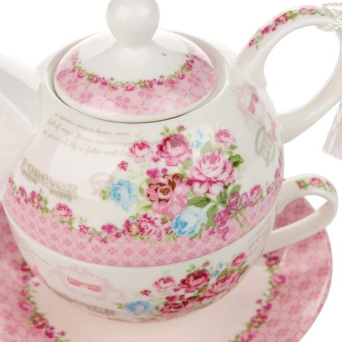  London Boutique Teekannen fuer eine Tasse Teekanne-, Tasse- und Untertasse-Set fuer eine Person im Vintage-Stil, mit Rosen- und Lavendel-Muster, Porzellan, in Geschenkbox 15x15cm Bird Rose Butterfly