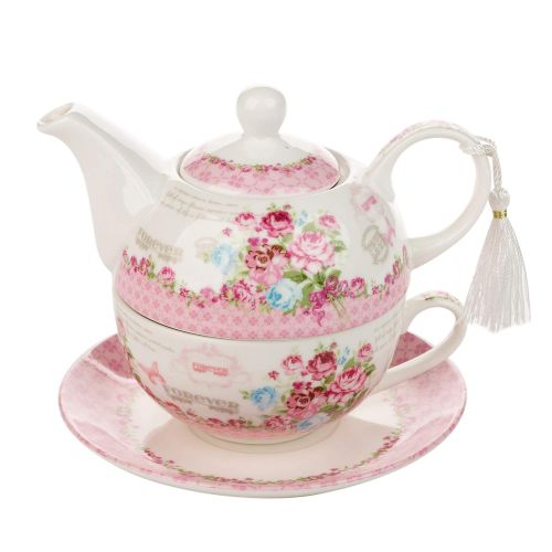  London Boutique Teekannen fuer eine Tasse Teekanne-, Tasse- und Untertasse-Set fuer eine Person im Vintage-Stil, mit Rosen- und Lavendel-Muster, Porzellan, in Geschenkbox 15x15cm Bird Rose Butterfly