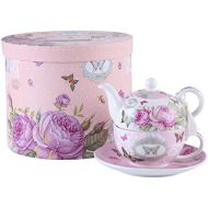 London Boutique Teekanne-, Tasse- und Untertasse-Set fuer eine Person im Vintage-Stil, mit Rosen- und Lavendel-Muster, Porzellan, in Geschenkbox 15x15cm Bird Rose Butterfly