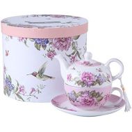 London Boutique Porzellan-Set fuer eine Person - mit Teekanne, Tasse und Untertasse - im Vintage-Stil - mit Rosen- und Lavendel-Muster - in Geschenkbox, keramik, rose, 15x15cm