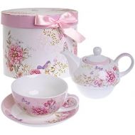 [아마존베스트]London Boutique Tea for one Teekanne Tasse Suacer Set Shaby Chic Flora Vogel Rose Schmetterling Porzellan Geschenkbox Rosa