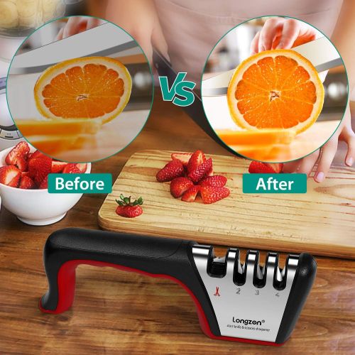  4-in-1 longzon [4 stage] Knife Sharpener with a Pair of Cut-Resistant Glove, Original Premium Polish Blades, Best Kitchen Knife Sharpener Really Works for Ceramic and Steel Knives,