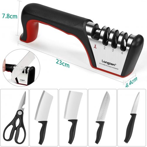  4-in-1 longzon [4 stage] Knife Sharpener with a Pair of Cut-Resistant Glove, Original Premium Polish Blades, Best Kitchen Knife Sharpener Really Works for Ceramic and Steel Knives,