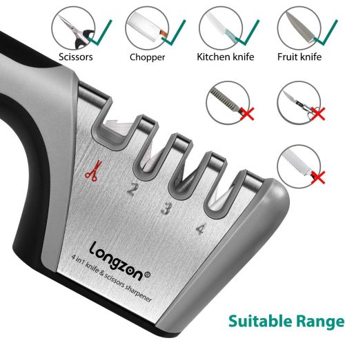  [아마존베스트]longzon Knife Sharpener, 4 Stages Manual Knife Sharpener with Anti-Cutting Gloves for Coarse Sharpening and Scissors Grinding, Diamond for Fine Sharpening and Special Ceramic for P