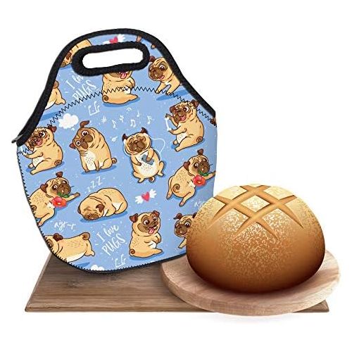  [아마존베스트]Neoprene Lunch Bag, Loomiloo Printed Insulated Lunch Box School Picnic Thermal Carrying Gourmet Food Container Organizer, Lunch Bags for Kids, Girls, Boys and Women(cute pug L73142