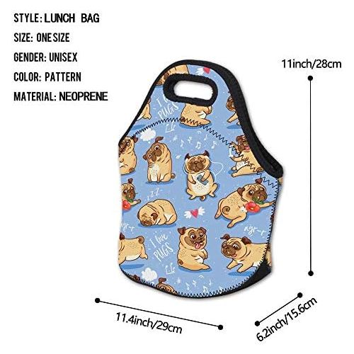  [아마존베스트]Neoprene Lunch Bag, Loomiloo Printed Insulated Lunch Box School Picnic Thermal Carrying Gourmet Food Container Organizer, Lunch Bags for Kids, Girls, Boys and Women(cute pug L73142