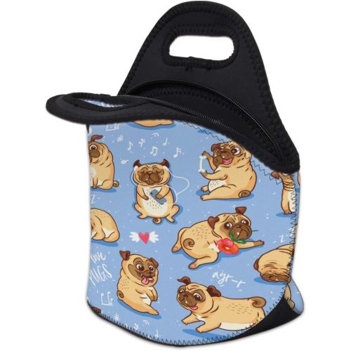  [아마존베스트]Neoprene Lunch Bag, Loomiloo Printed Insulated Lunch Box School Picnic Thermal Carrying Gourmet Food Container Organizer, Lunch Bags for Kids, Girls, Boys and Women(cute pug L73142