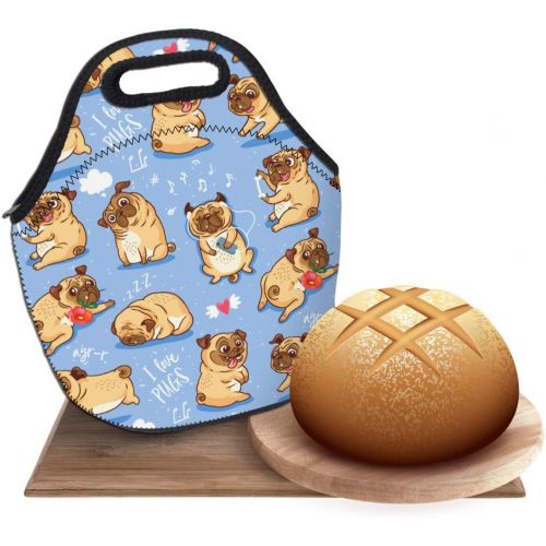  [아마존베스트]Neoprene Lunch Bag, Loomiloo Printed Insulated Lunch Box School Picnic Thermal Carrying Gourmet Food Container Organizer, Lunch Bags for Kids, Girls, Boys and Women(cute pug L73142