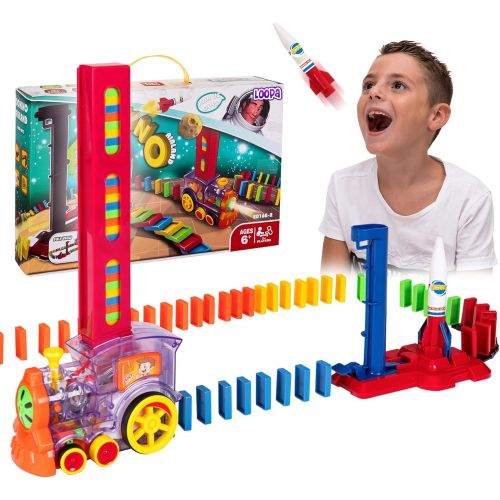  Loopa Domino Train ? Automatic Domino Brick Laying Toy Train for Toddlers Aged 3-7 ?Tracking Set with 120 Domino Pieces, Train, Rocket and Launching Pad ? Easy to Use and Fun ? Education